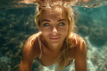 Wall Mural - a beautiful blonde woman, she is swimming in deep water, full body shot, free diving, warm water, happy, uplifting, glorious, the sun makes the clear water reflect in warm tones, award winning photogr