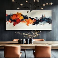 An abstract painting with dynamic colors in a stylish dining room, radiating energy and creativity on dark walls.