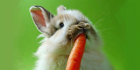 A close-up of a fluffy white rabbit sniffing a carrot, set against a vibrant green background.