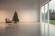 © Chari - Modern interior with a Christmas tree and a chair by large windows overlooking a garden