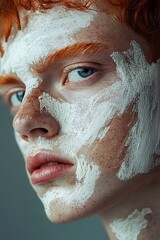 Poster - Close up portrait of young man with white clay face mask. Skin care, beauty, and spa concept