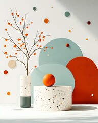 Poster - Tranquil 3D Rendered Studio Backdrop with Geometric Decor Elements   A minimalist and modern product presentation setting featuring a patterned geometric backdrop a simple plinth