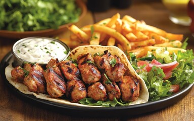 A delicious plate featuring grilled meat skewers, fresh salad, and crispy fries, perfect for a satisfying meal.