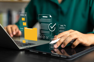 Fototapete - Document management system DMS with cloud access employees managing files, Folders, and Business information securely on laptops in a corporate office for efficient workflow, online document databases