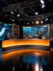 Poster - Two news anchors present financial updates in a sleek studio, illuminated by city lights and high-tech screens behind them. Generative AI
