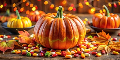 A cheerful Halloween pumpkin, surrounded by candy corn, creates a vibrant display on a festive autumn table setting, embodying the joyful spirit of the season.