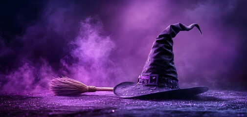 Witch hat and broomstick resting on the ground, with a dark purple background and empty space for copy