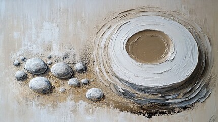 Minimalistic abstract oil painting of japanese rock garden with textured spiral circles textured background large strokes white beige grey light cyan gold colors