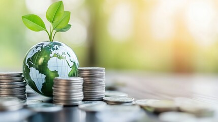 A small globe with a growing plant rests on stacked coins, symbolizing green finance, environmental sustainability, and economic growth.