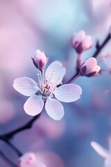 Sticker - Delicate White Flower Blossom with Pink Buds on a Soft Pastel Background