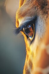 Wall Mural - close up of giraffe eye with long eyelashes. animal portrait with soft light and warm tones.
