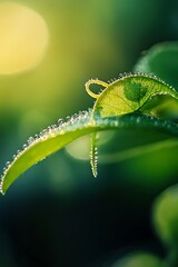 Sticker - Dew drops on a green leaf, with a blurry sun shining in the background.