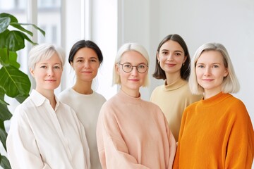 Portrait of team of professional women in casual attire on neutral light background, representing women in business, teamwork, and collaboration, showcasing diversity, leadership, and workplace unity