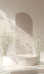 2. **Minimalist Showcase:** Illustrate a clean white podium with a prominent hole, complemented by a gentle pastel backdrop. The podium is accented with fresh Feverfew flowers, providing an inviting