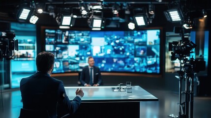 Leinwandbilder - A host is engaging in an interview with a guest in a modern news studio equipped with multiple screens showcasing real-time news. Generative AI