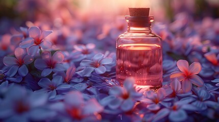 Canvas Print - Pink and Purple Flowers with Glass Bottle of Essential Oil