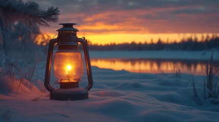 Wall Mural - A lantern glows in the snowy landscape at sunset.