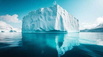 A large iceberg floats in the clear blue water of the Arctic Ocean.