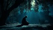 © Daniel - Cinematic, wide-angle shot of Jesus kneeling alone in the dark, moonlit garden of Gethsemane.
