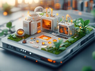Poster - Breathtaking 3D render of a blockchain powered biotechnology hub blending cutting edge technology and natural elements  Intricate network of interconnected bioreactors and data processing modules