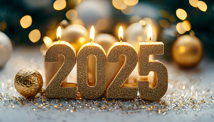 Sticker - Holiday background Happy New Year 2025. Numbers of the year 2025 made by gold candles on a bokeh festive sparkling background. celebrating New Year's holiday, close-up. Space for text