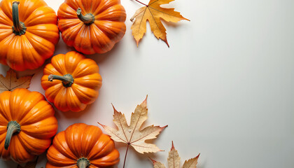 A top-down view of pumpkins and fall leaves arranged on a white background. The pumpkins and leaves are clustered together on one side, leaving space for text or other elements.