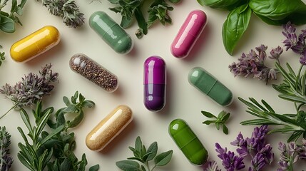 A flat lay composition of colorful herbal capsules surrounded by fresh herbs like basil, rosemary, and thyme, with a light-colored background emphasizing the natural ingredients.