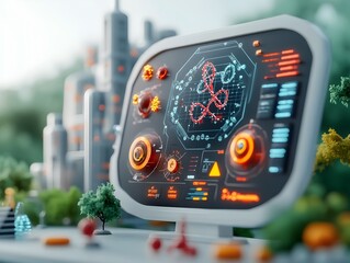 Poster - 3D showcasing a bioinformatics system with a sprawling holographic dashboard displaying intricate DNA strands and molecular models set against the backdrop of a towering