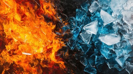 Abstract portrayal of fire and ice in conflict, with vibrant orange flames and icy blue shards meeting in a dramatic visual representation of opposing forces.