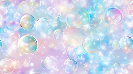 Wall Mural - seamless pattern of transparent soap bubbles floating against a light blue background, creating a pl