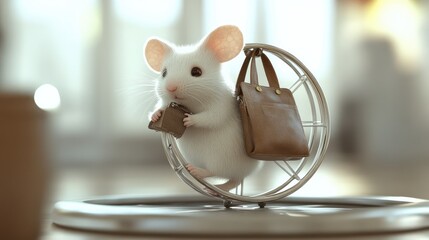 Poster - AI-designed white mouse holding a work bag, walking endlessly on a hamster wheel, representing workplace burnout.
