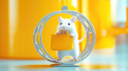 Poster - AI-designed white mouse holding a work bag, walking endlessly on a hamster wheel, representing workplace burnout.