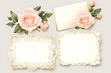 Three pieces of white, open, and closed paper cards with pink roses on the edges. One card is empty for writing in the center design, with golden swirls around a digital background design