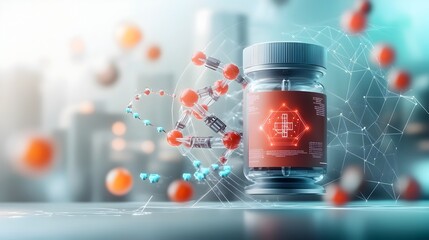 Poster - Captivating 3D showcasing the convergence of blockchain technology and biotechnology where intricate mechanical components and organic structures coexist in a dynamic futuristic urban landscape