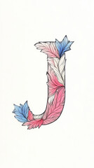 Sticker - The letter J decorated with pink and blue feathers, on a white background.