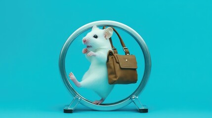 Poster - White mouse holding a work bag, trudging on a hamster wheel, illustrating the repetitive nature of work and associated fatigue.