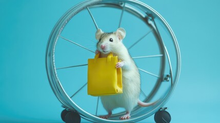 Poster - White mouse holding a work bag, trudging on a hamster wheel, illustrating the repetitive nature of work and associated fatigue.