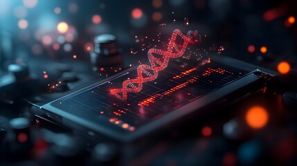 Poster - Futuristic 3D visualization showcasing the of blockchain technology data storage using DNA sequences and bioinformatics concepts  The image features a cinematic lighting setup hyper detailed elements