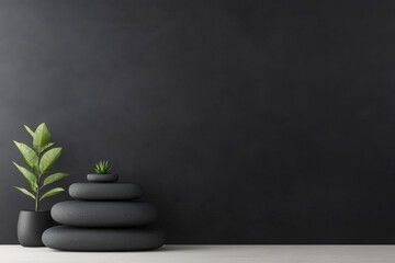 Modern minimalist decor featuring stacked stones and greenery against a dark background