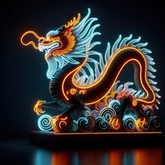 Wall Mural - A Beautiful chinese dragon on a black background. 3D rendering. Neon lights