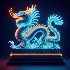 Wall Mural - A Beautiful chinese dragon on a black background. 3D rendering. Neon lights