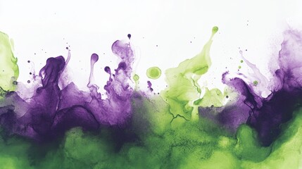 Poster - Bright green and purple watercolor splashes merging together, creating a fluid and dynamic abstract background.
