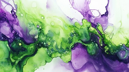 Poster - Bright green and purple watercolor splashes merging together, creating a fluid and dynamic abstract background.