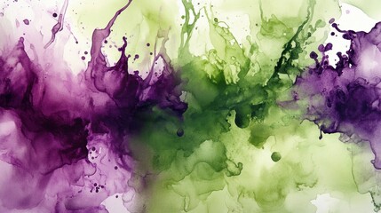 Poster - Bright green and purple watercolor splashes merging together, creating a fluid and dynamic abstract background.