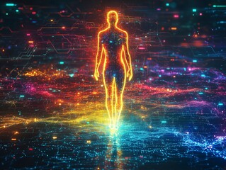 Canvas Print - Human figure, woman silhouette, energy that releases from the body, power. Integration of artificial intelligence and human beings, exploitation of potential. Ai generative
