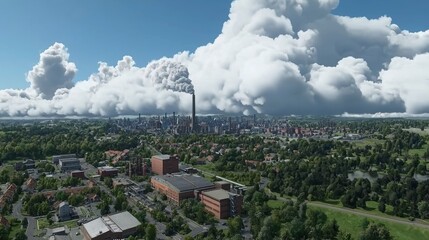 Aerial view of a cityscape with industrial buildings, greenery and towering clouds. Captivating urban landscape in a serene setting.