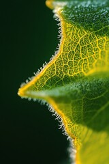 Sticker - Close up Macro Photography of Green Leaf with Yellow Veins and Fuzzy Edge