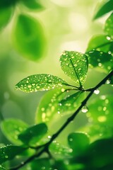 Wall Mural - Close up of dew drops on green leaves, fresh nature background