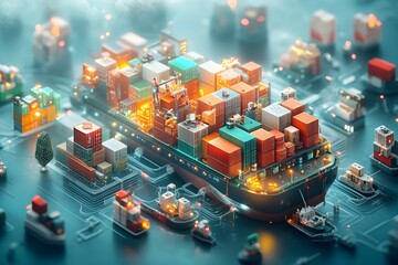 Poster - Autonomous and Intelligent Cargo Container Ships Navigating a Complex Web of Worldwide Data Streams and Logistics Networks Illuminated by a Futuristic Color Palette and Aesthetics