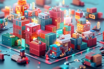 Poster - Towering stacks of interconnected modular cargo containers with advanced hydraulic mechanisms and complex digital control systems set against a luminous retrofuturistic urban landscape backdrop